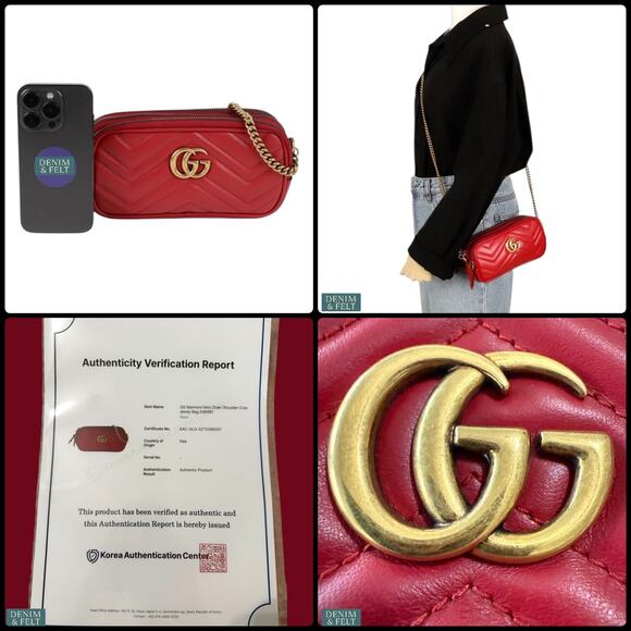 Gucci GG Marmont Mini Red Leather Triple Zip Crossbody Chain Bag/Purse Authentic - Picture 16 of 16